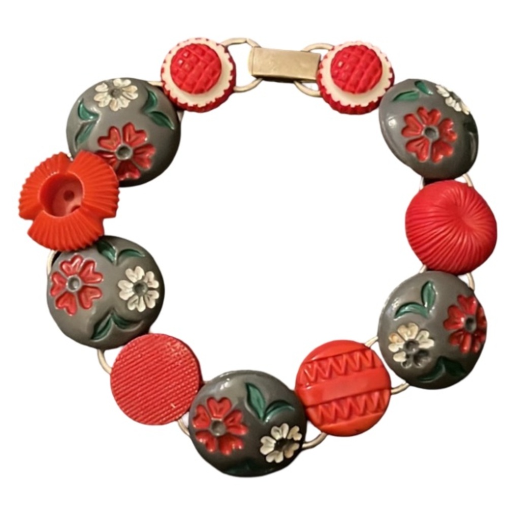 Vintage 70s Sterling Silver Old Plastic Floral Button Bracelet